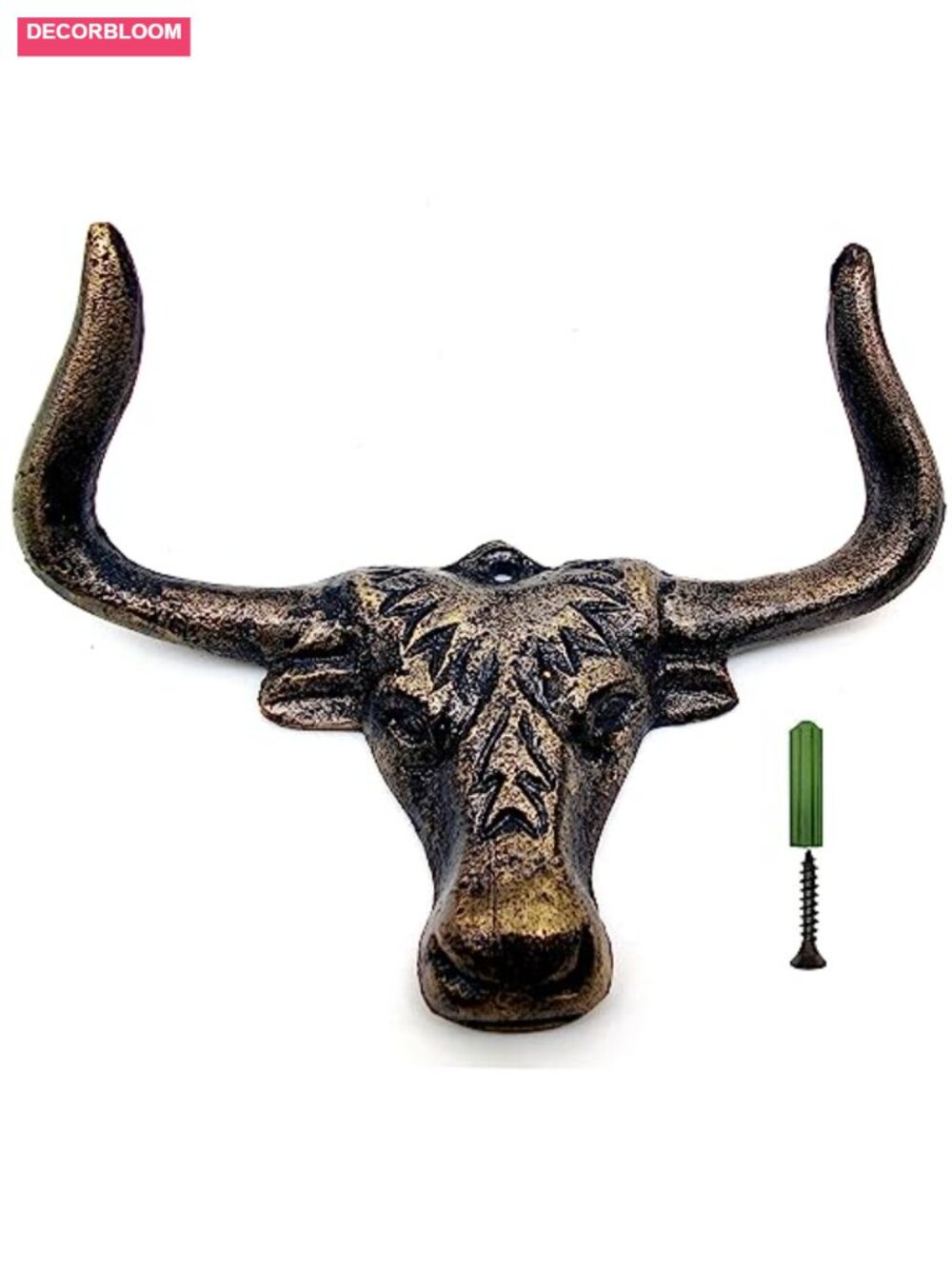 Brass Longhorn Steer Wall Hook 5" Antique Finish Farmhouse Coat Hook